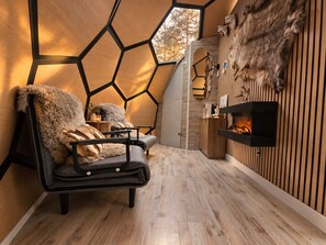 A cozy interior with a hexagonal wall design, a fireplace, and a fur-covered chair. - SKOG - Aurora igloos (Kalix)