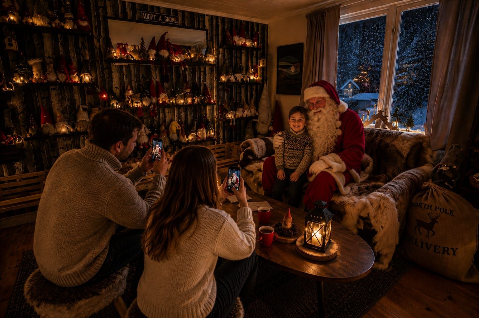 Een knus interieur met een persoon in een kerstman kostuum, zittend op een bank, omringd door diverse kerstversieringen en een open haard.