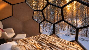 Une chambre avec une grande fenêtre donnant sur un paysage forestier enneigé.
