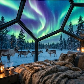 Une chambre avec vue sur les aurores boréales, visible à travers une fenêtre hexagonale, un lit recouvert d’un plaid en fourrure et une table de chevet avec une bougie et une tasse.
