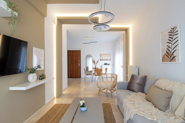 Apartment, 2 Bedrooms, Balcony, City View | Living room | 46-inch Smart TV with digital channels, streaming services - Santorini-2-Bedroom Apt in Nea Smyrni (Nea Smirni)