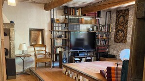 A cozy living room with a wooden floor, a television, bookshelves, and a fireplace. - La Maison Rose, family vacation home (Lagnes)
