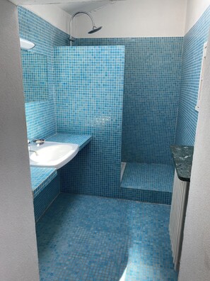 Shower, hair dryer, towels, toilet paper