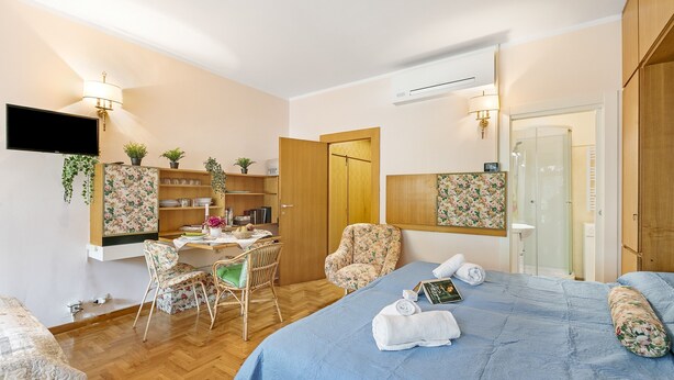 A hotel room with a bed, a desk, a chair, a TV, and a shower area. - Sonia Sweet Love With Shared Pool (Gardone Riviera)