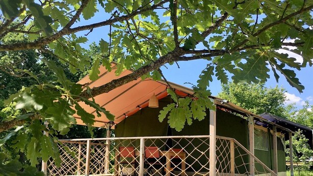 Un chalet rustique avec une terrasse en bois et un toit rouge, entouré de verdure.