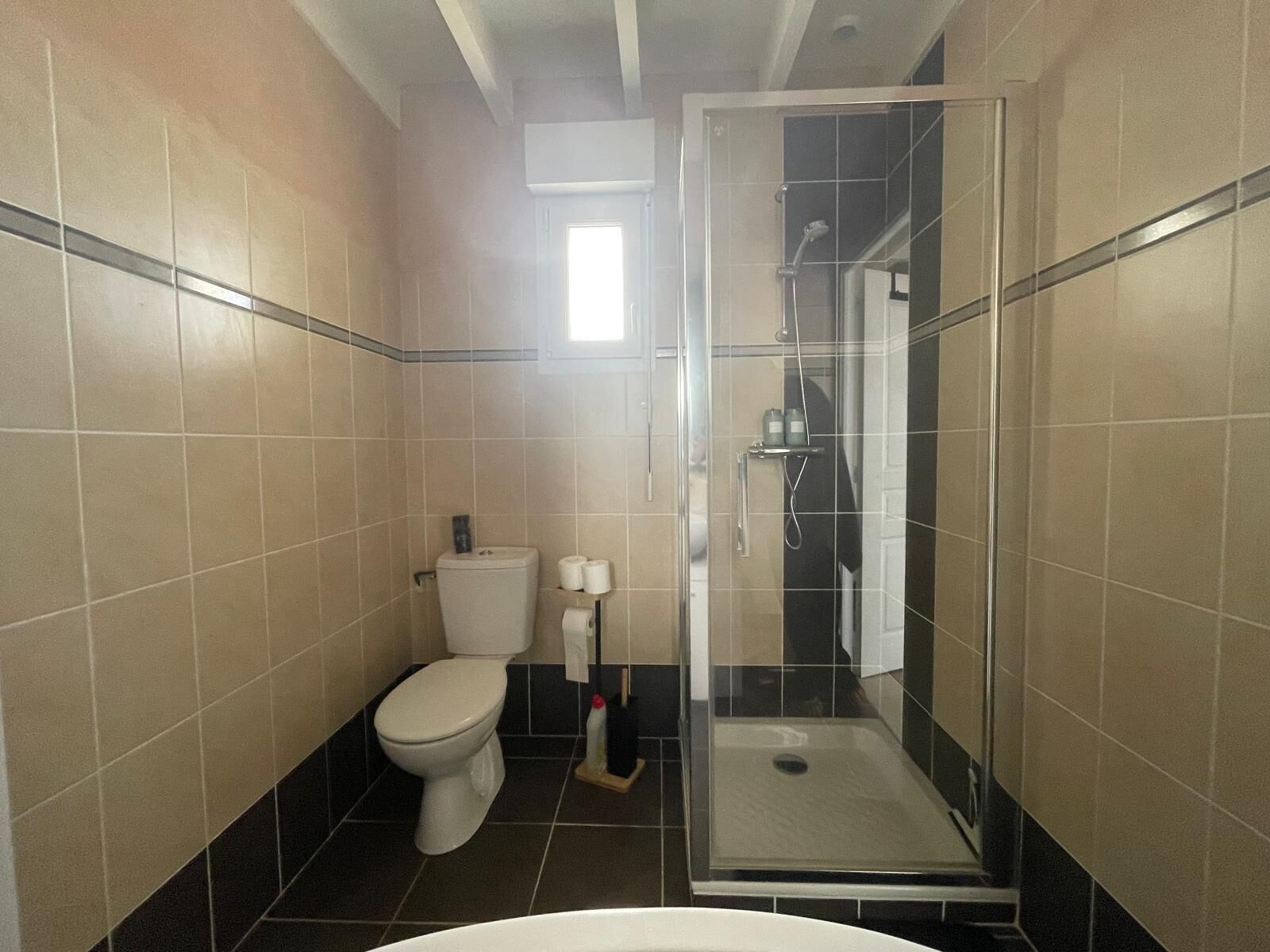 A bathroom with a toilet, a shower, and a sink.