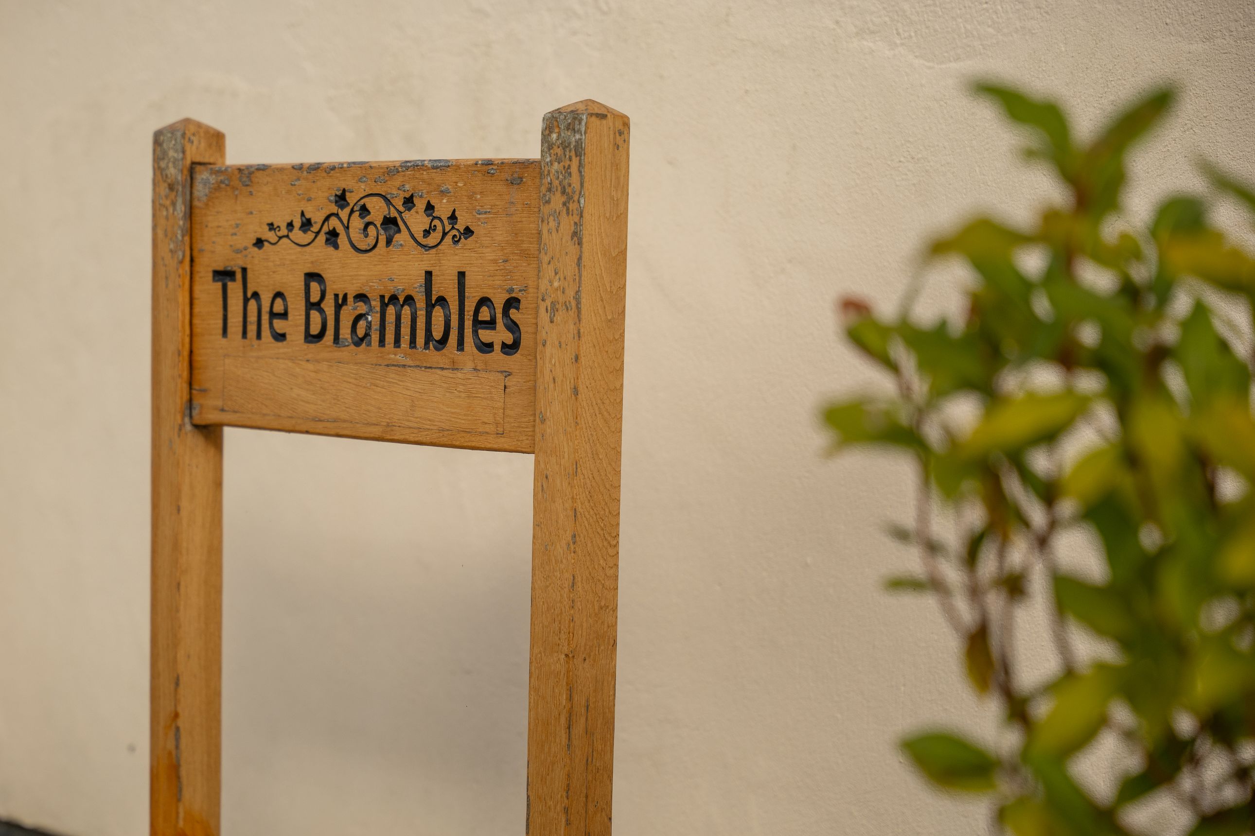 Une enseigne en bois portant l’inscription « The Brambles », fixée sur une simple structure en bois.