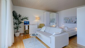 A modern living room with a white sofa, a small coffee table, a potted plant, a bookshelf, and a flat-screen TV. - Casa Miramonti Muralto With Garage and Garden (Muralto)