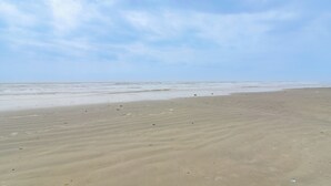 Une plage de sable fin, avec des vagues douces et un ciel dégagé.