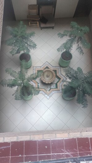 Une cour intérieure avec une fontaine centrale, entourée de quatre plantes en pot.