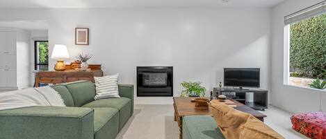 Una sala de estar moderna con un sofá, una mesa de centro, una chimenea y un televisor.