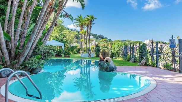 A swimming pool with a stone sculpture, surrounded by tropical plants and a clear blue sky.