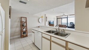 A modern kitchen with white cabinetry, a double sink, and a built-in dishwasher. - Stunning Ocean Views From The 10th Floor 1 Bedroom Condo (North Myrtle Beach)