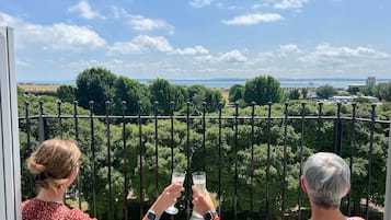 Dos personas brindando con bebidas en una mesa con vista a un paisaje verde y una masa de agua.