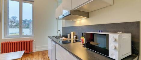 Fridge, microwave, stovetop, coffee/tea maker