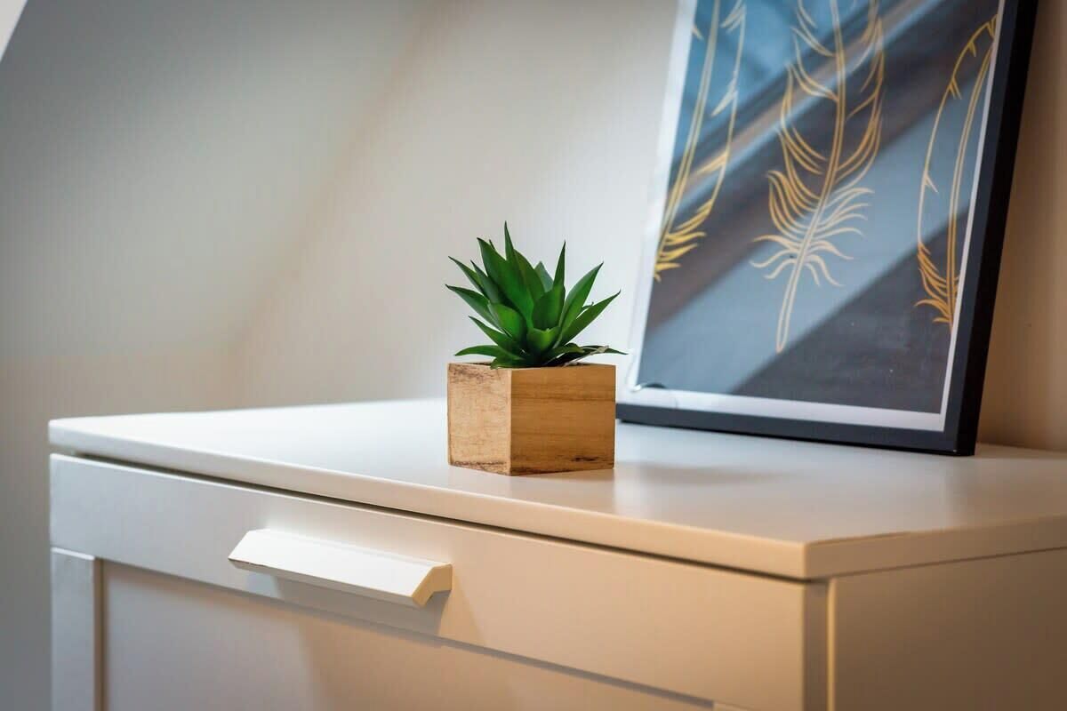 Een kleine houten plantenbak met een groene plant op een wit bureau.