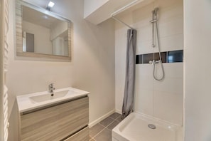 Bathroom features a large mirror, sink, and glass-enclosed tub with handheld showerhead.