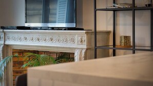 Un salon moderne avec une cheminée, un téléviseur posé sur un meuble et une bibliothèque.