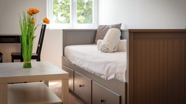 A bedroom with a bed, a window, a table, and a vase with flowers. - Rollin, appartement 3 personnes avec Netflix au calme ! (Sotteville-lès-Rouen)