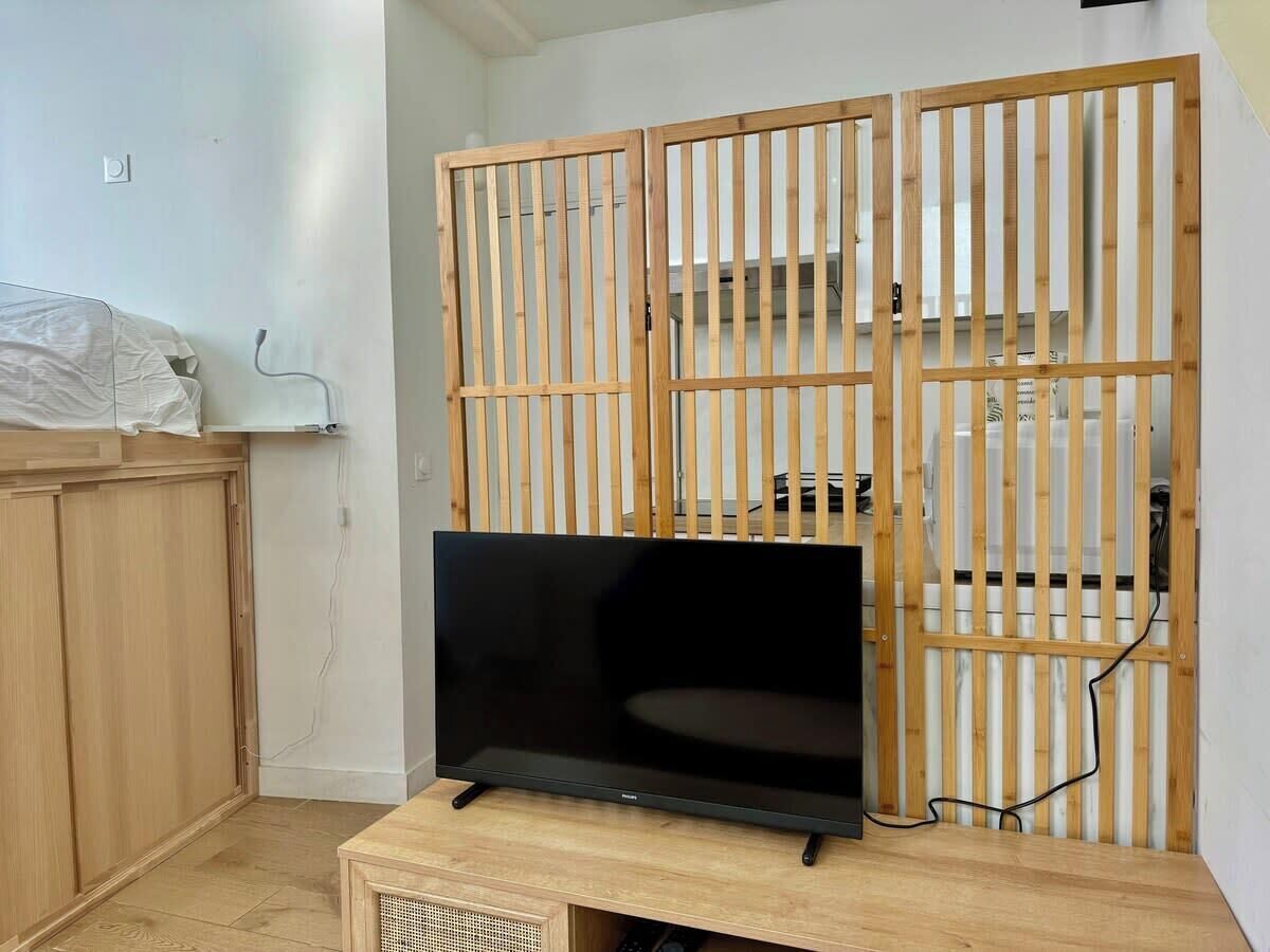 Une pièce avec un téléviseur posé sur un meuble en bois, une armoire et une cloison composée de lattes verticales.
