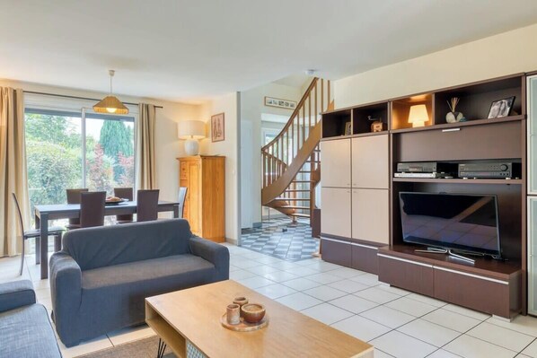 TV, DVD player, ping pong, books