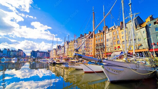 Un port de plaisance où des bateaux sont amarrés dans des eaux calmes, entouré d’immeubles aux couleurs vives.