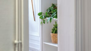 Un interior blanco con una puerta que da a una habitación, otra puerta blanca y un estante con plantas.