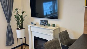 Un salon moderne avec un téléviseur à écran plat fixé au-dessus d’une cheminée, une plante en pot et un canapé gris.