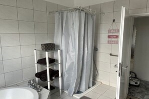 Hair dryer, towels, soap, shampoo