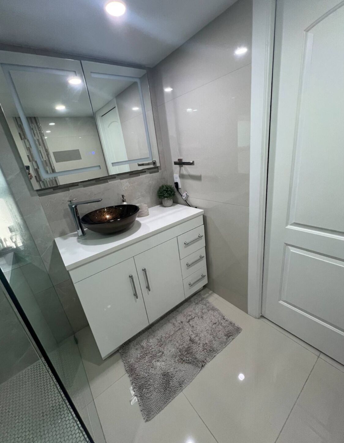 Een moderne badkamer met een douchecabine van glas, een wit wastafelmeubel met een wastafel, een spiegel en een kleine potplant.