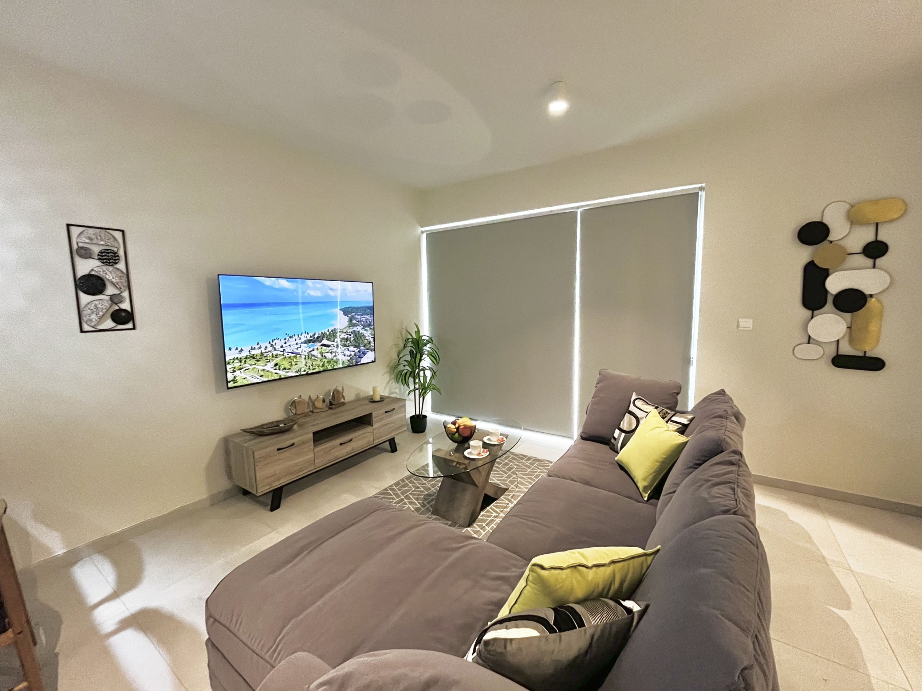 Een moderne woonkamer met een grote flatscreen televisie, een bank, een salontafel en een potplant.