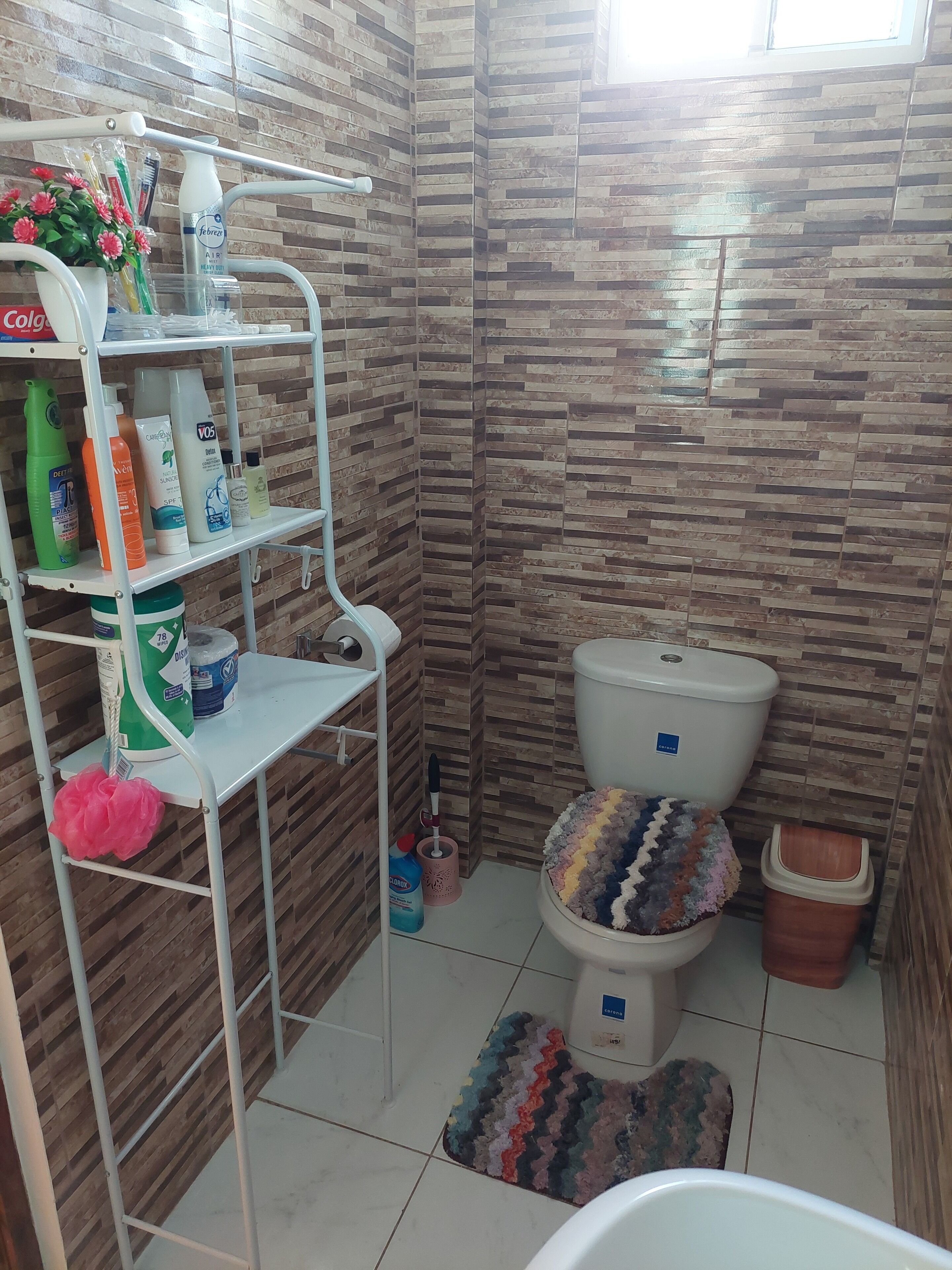 Een badkamer met een toilet, planken met toiletartikelen en een douchehoek.