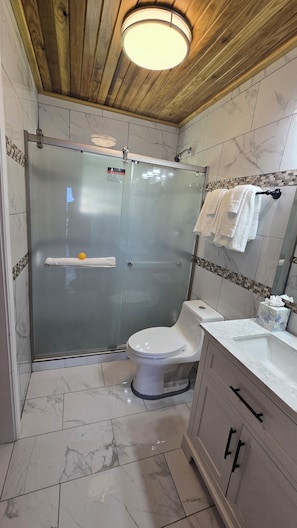 Dusche, Haartrockner, Handtücher, Seife