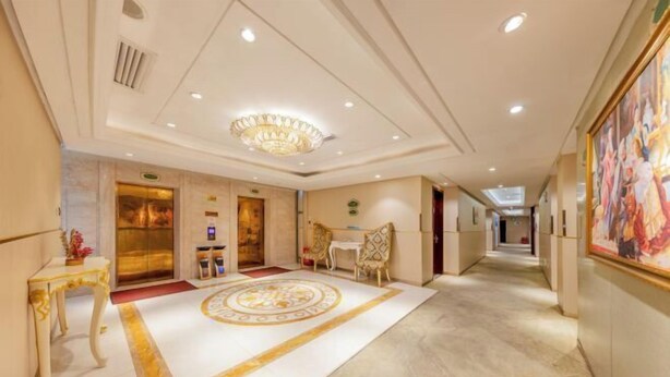 Un pasillo de hotel con una araña, una recepción y una alfombra estampada.