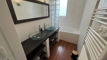 Hair dryer, towels, soap