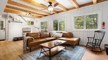 TV connectée, cheminée, table de tennis de table, livres