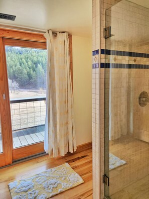 Shower, hair dryer, towels, toilet paper