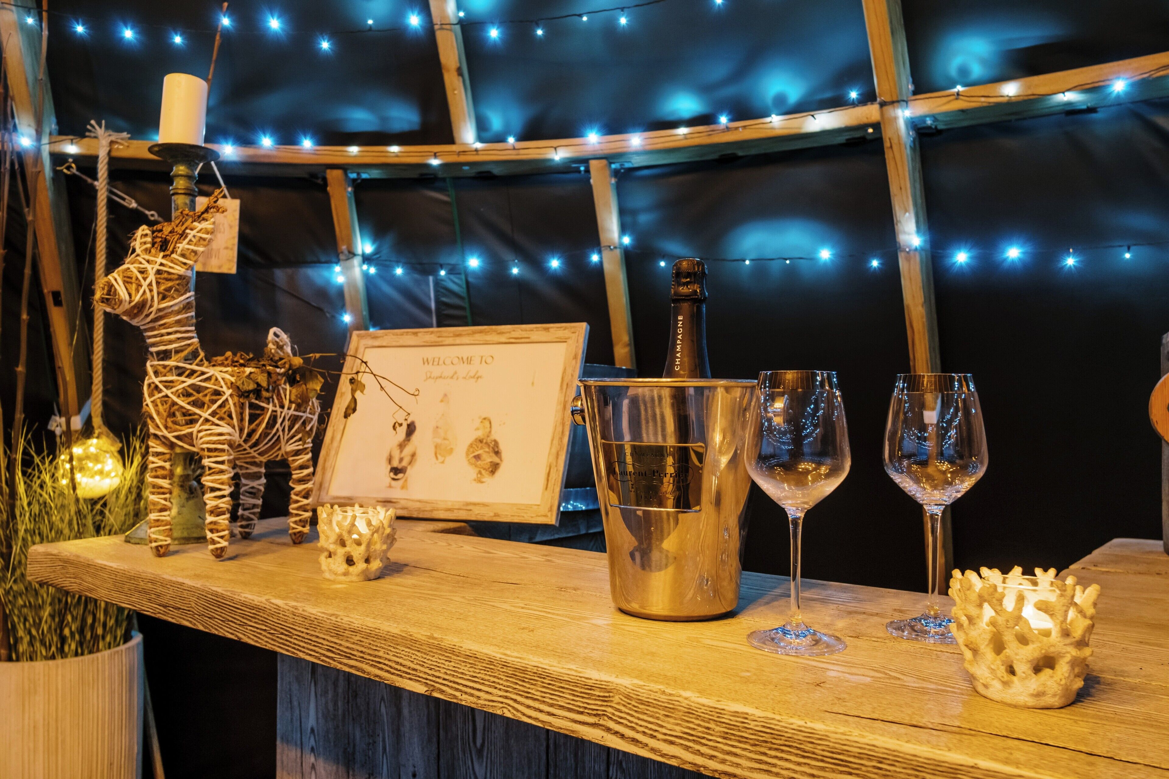 A wooden bar area with a bottle of champagne, two wine glasses, a framed welcome sign, and decorative items including a giraffe sculpture and a coral-like object.