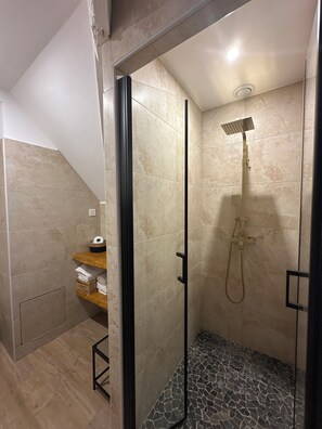 Shower, hair dryer, towels, toilet paper