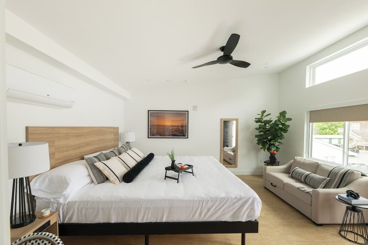 A modern bedroom with a large bed, a ceiling fan, a window with a view, a sofa, and a small table with a plant.
