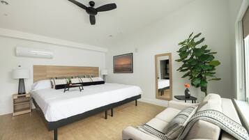 A modern bedroom with a bed, bedside tables, a ceiling fan, a large mirror, a sofa, and a potted plant.