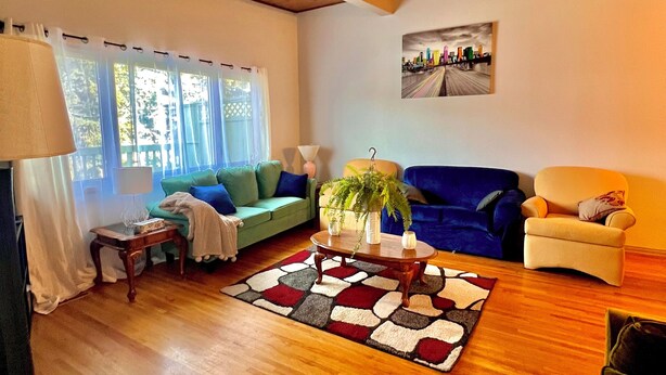 A cozy living room with a wooden ceiling, a green sofa, a blue sofa, a yellow armchair, and a coffee table with a plant.