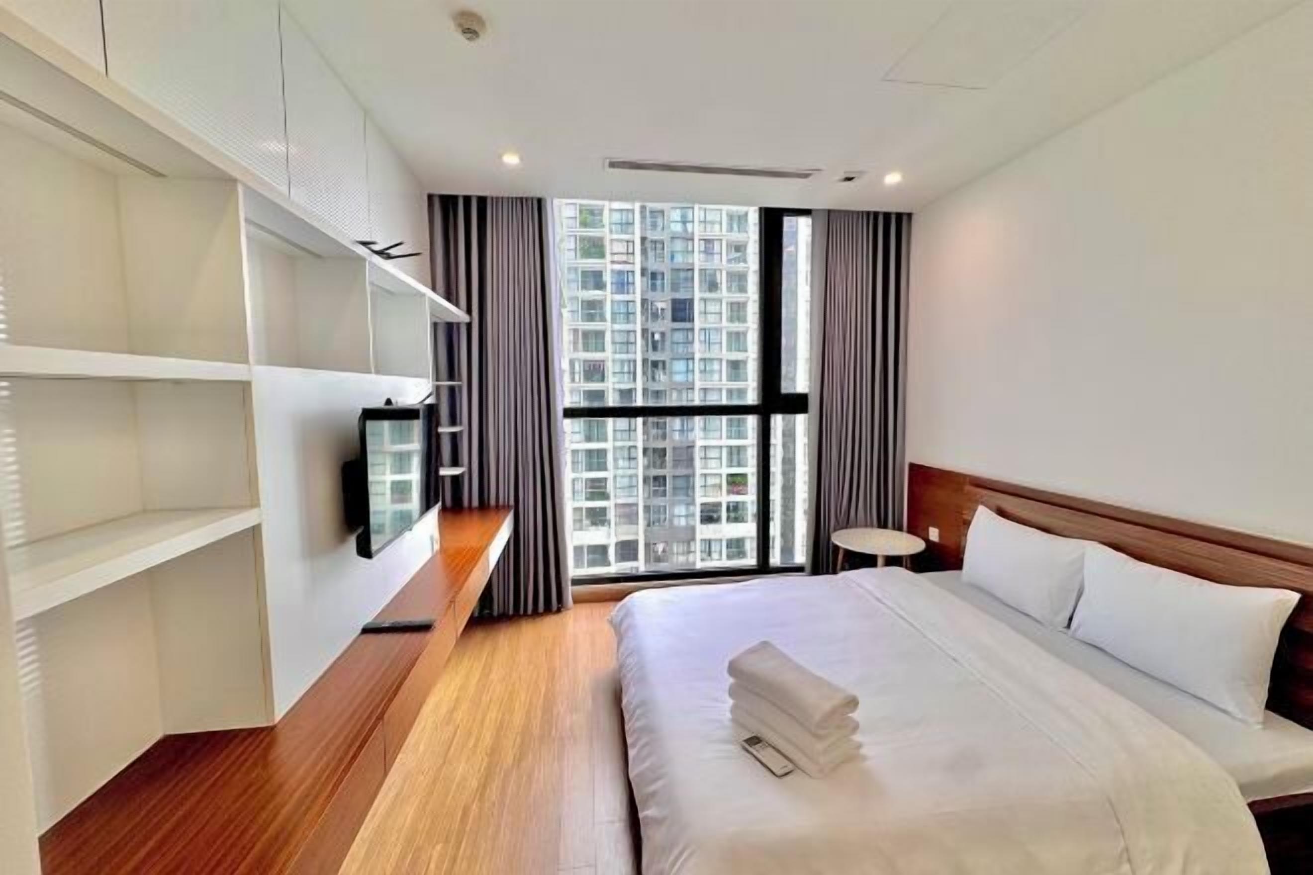 Premium bedding, memory foam beds, desk, blackout drapes