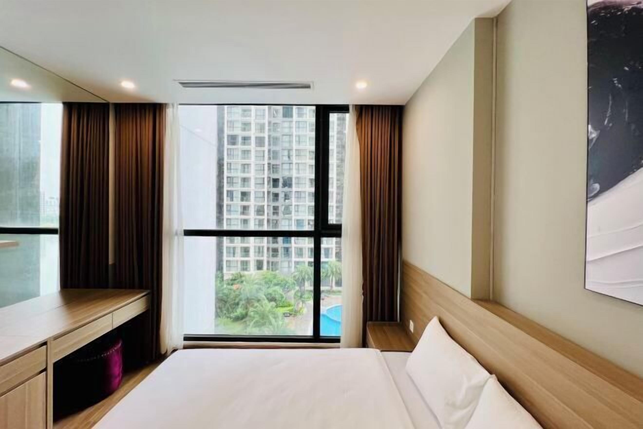 Premium bedding, memory foam beds, desk, blackout drapes