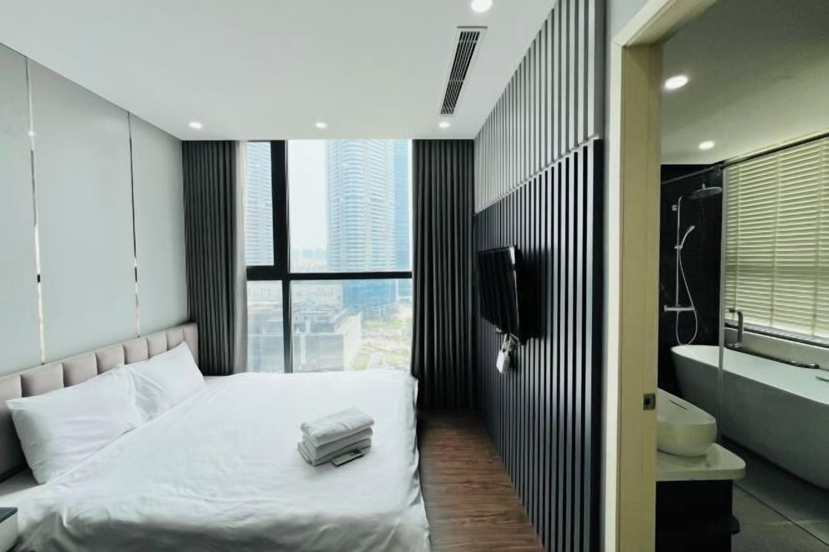 Premium bedding, memory foam beds, desk, blackout drapes