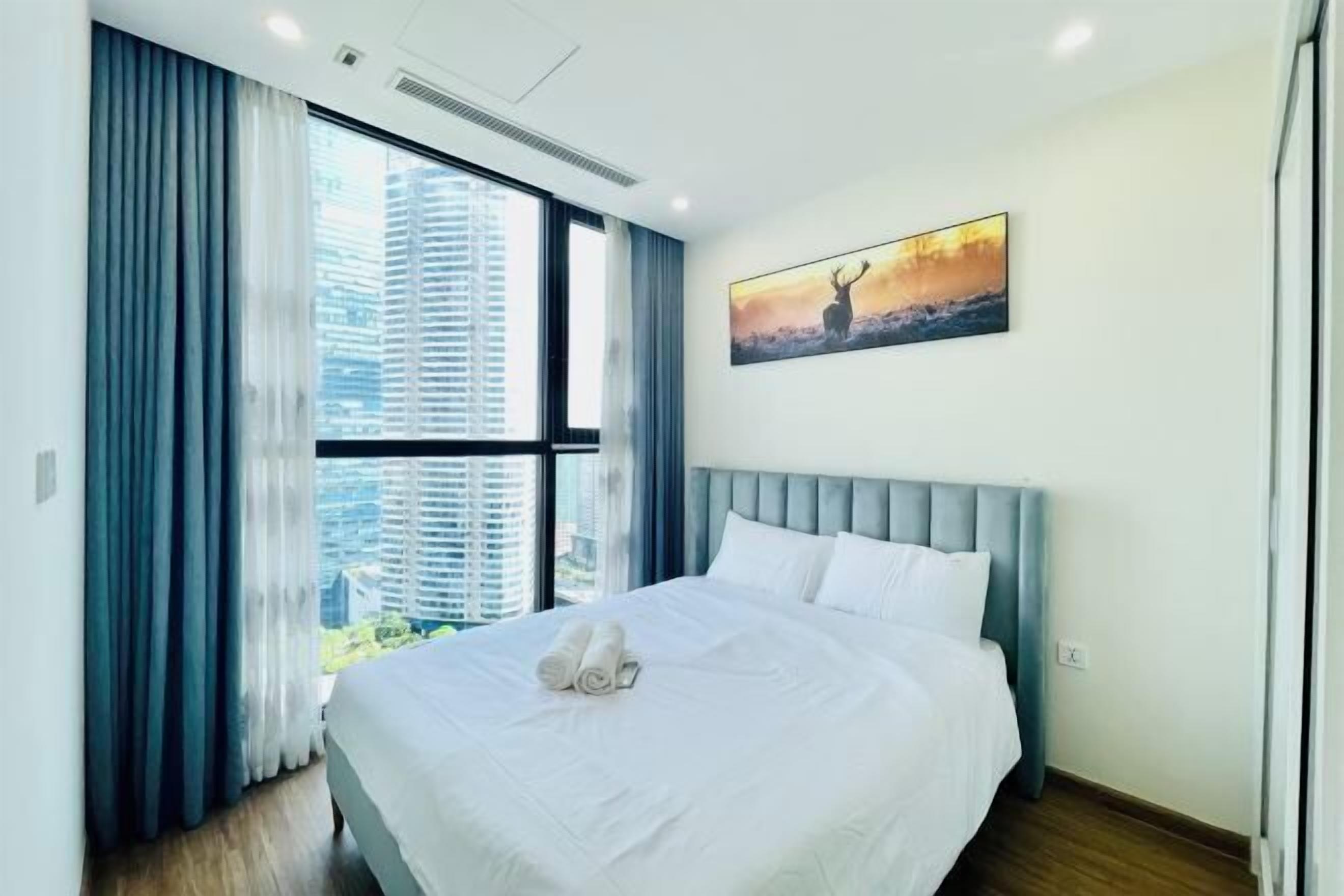 Premium bedding, memory foam beds, desk, blackout drapes