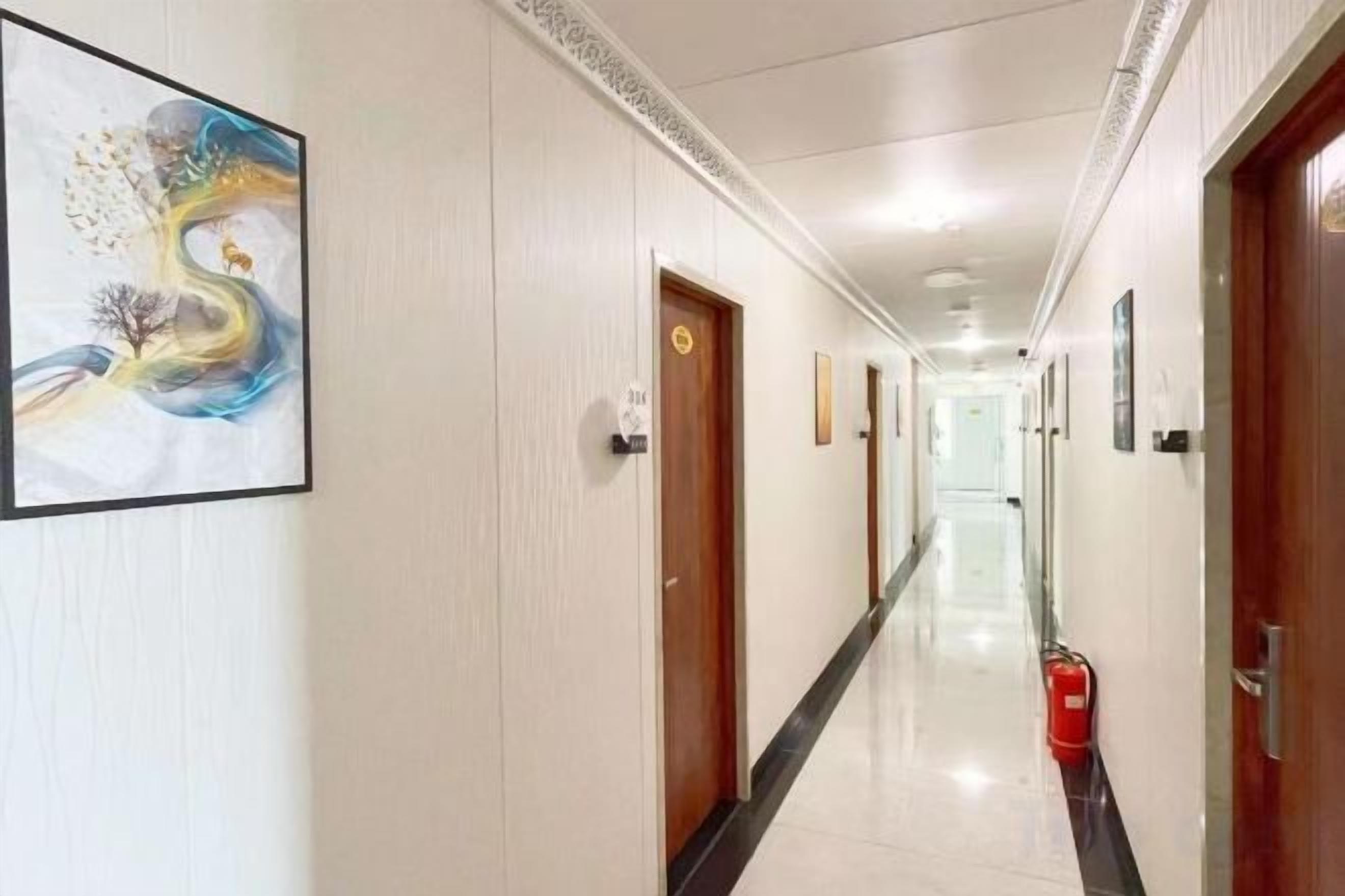 A hotel corridor with doors, a fire extinguisher, and a framed artwork on the wall.