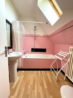 Shower, hair dryer, towels, toilet paper