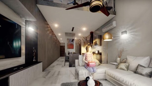 A modern living room with a large flat-screen TV, a sofa, a coffee table, and a ceiling fan. - COSTTA BY YALP (Santa Maria Huatulco)