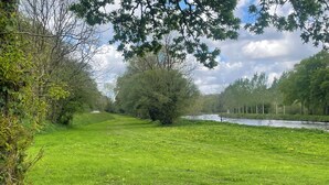 A grassy field with trees and a river.